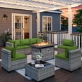 thumbnail image 1 of 8-Piece Patio Furniture Set, Outdoor Patio Furniture with 55,000 BTU Fire Pit Table, Thick Cushions, Modular Patio Sofa, Dual-Strand Wicker Rattan, Rust-Resistant Frame, Grass Green, 1 of 9