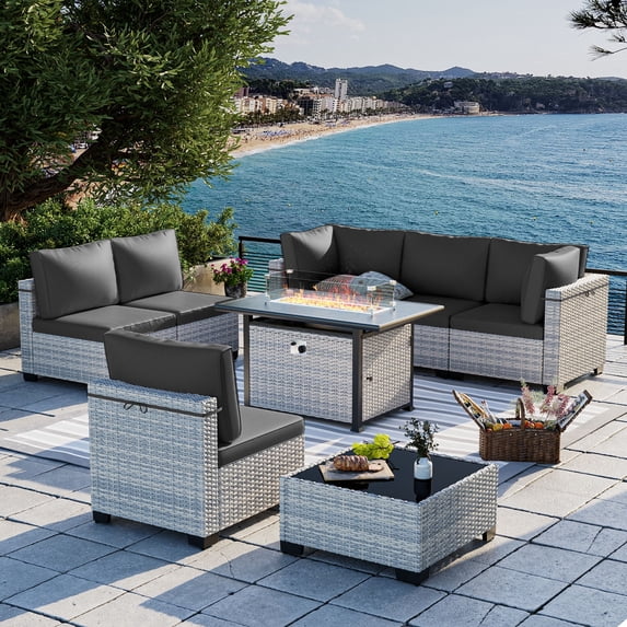 8-Piece Patio Furniture Set, Outdoor Patio Furniture with 55,000 BTU Fire Pit Table, Thick Cushions, Modular Patio Sofa, Dual-Strand Wicker Rattan, Rust-Resistant Frame, Black