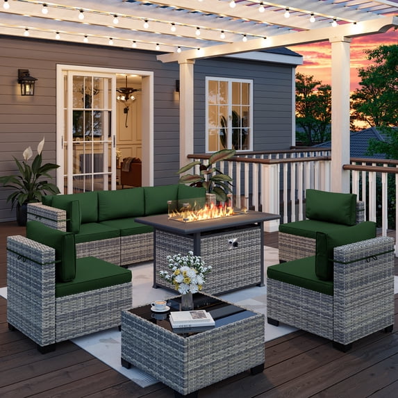 8-Piece Patio Furniture Set, Outdoor Patio Furniture with 55,000 BTU Fire Pit Table, Thick Cushions, Modular Patio Sofa, Dual-Strand Wicker Rattan, Rust-Resistant Frame, Dark Green