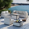 thumbnail image 1 of 8-Piece Patio Furniture Set, Outdoor Patio Furniture with 55,000 BTU Fire Pit Table, Thick Cushions, Modular Patio Sofa, Dual-Strand Wicker Rattan, Rust-Resistant Frame, Grey, 1 of 7