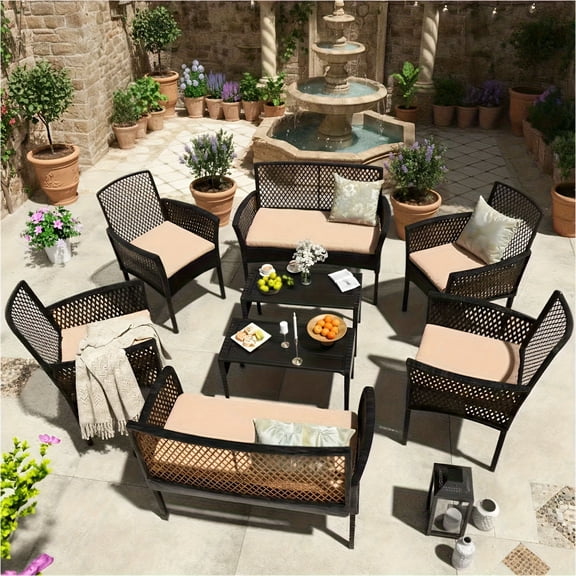 Junkai 8 Piece Rattan Outdoor Conversation Sets with Cushions and Coffee Table, Black/Beige