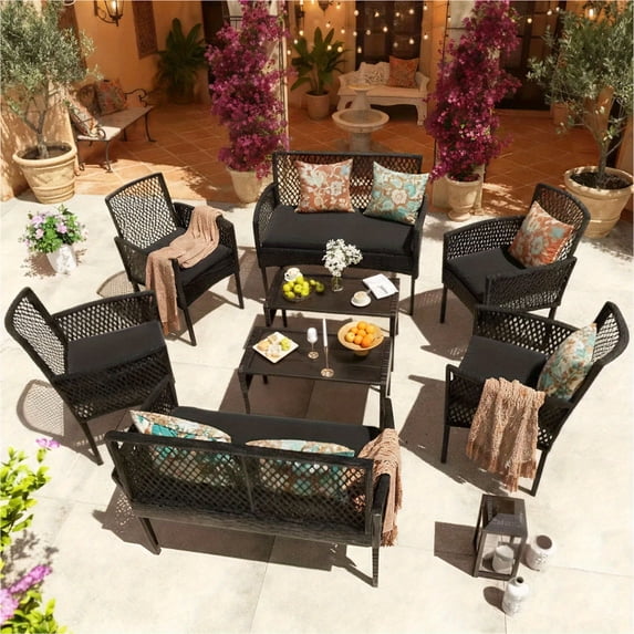 Junkai 8 Piece Rattan Outdoor Conversation Sets with Chairs and Coffee Table, Black