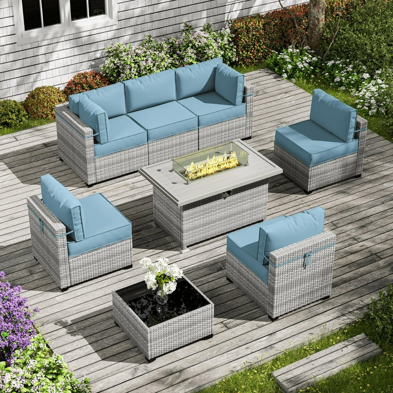 8 Piece Patio Furniture Set With Fire Pit Table With 5 High Resiliency Seat Cushions Light Grey Outdoor Modular Wicker Conversation Set With 43in 50 000 Btu Propane Gas Fire Pit Table Sky Blue