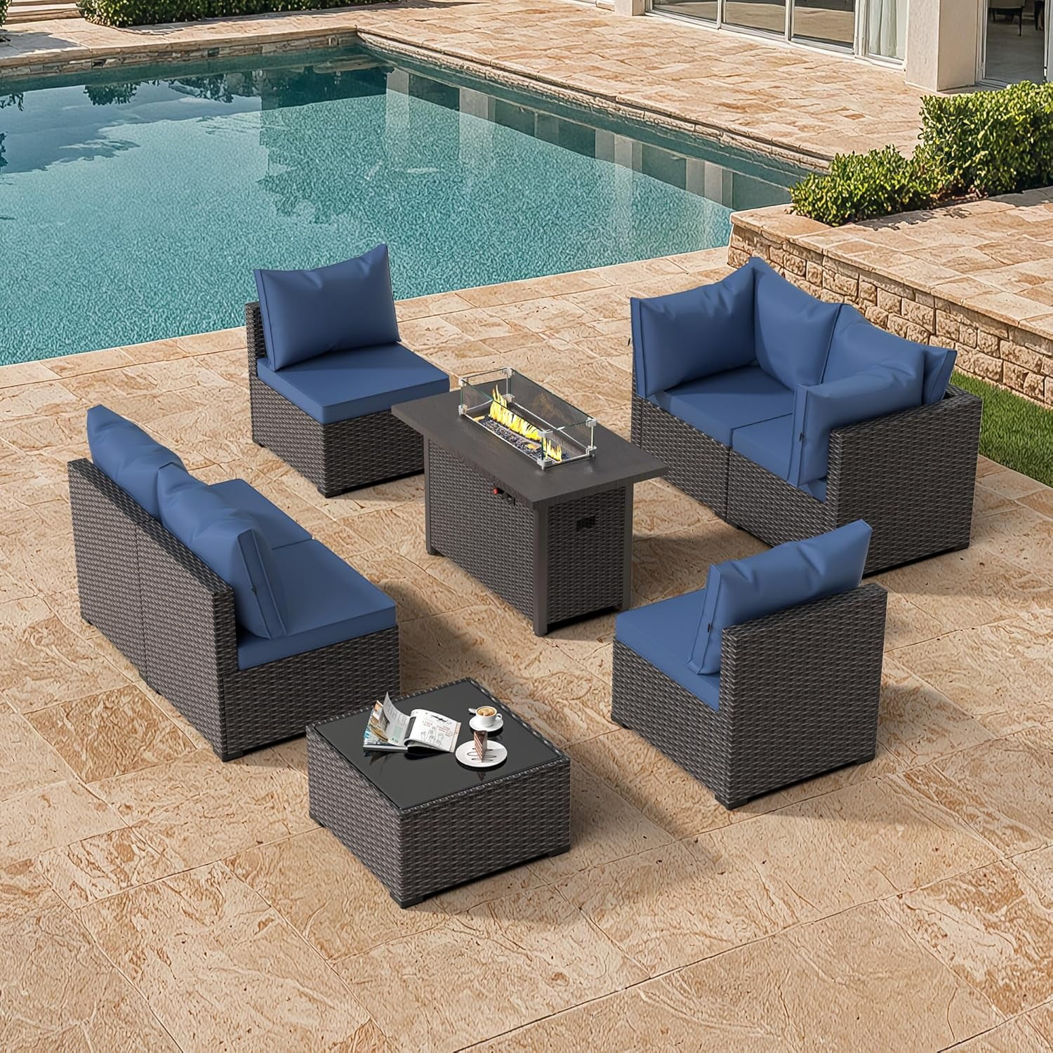 8 Piece Patio Furniture Set with 42" Propane Gas Fire Pit Table with Coffee Table,Blue