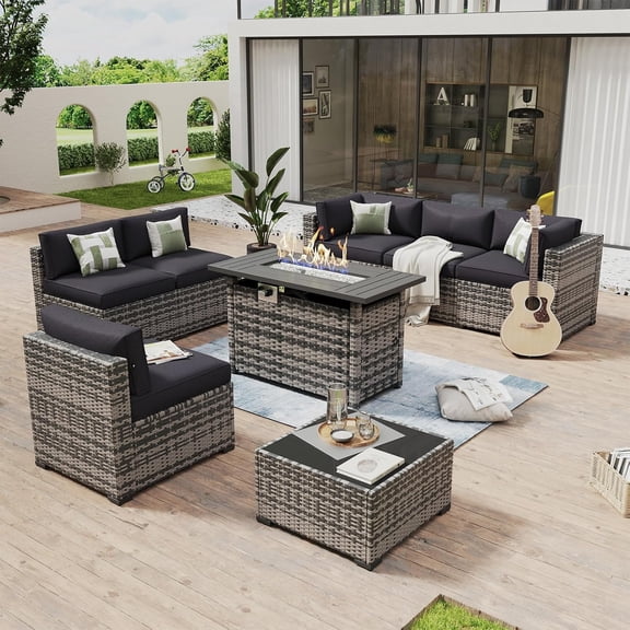 8 Piece Patio Furniture Set with 44 Fire Pit Table Wicker Rattan Outdoor Sectional Sofa Set with Coffee Table and Thickened Cushions, Black