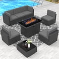thumbnail image 1 of 8 Piece Patio Furniture Set with 44" Propane Gas Fire Pit Table, Outdoor Sectional Conversation Set Wicker Rattan Sofa Set with Coffee Table, 1 of 7