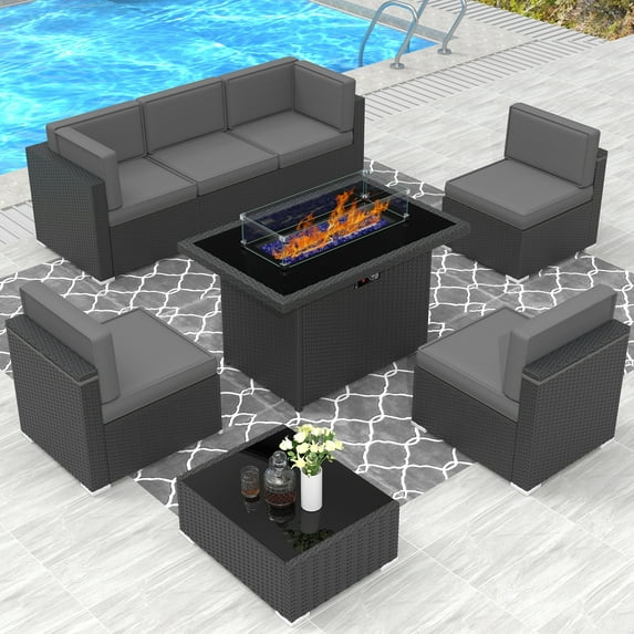 8 Piece Patio Furniture Set with 44" Propane Gas Fire Pit Table, Outdoor Sectional Conversation Set Wicker Rattan Sofa Set with Coffee Table