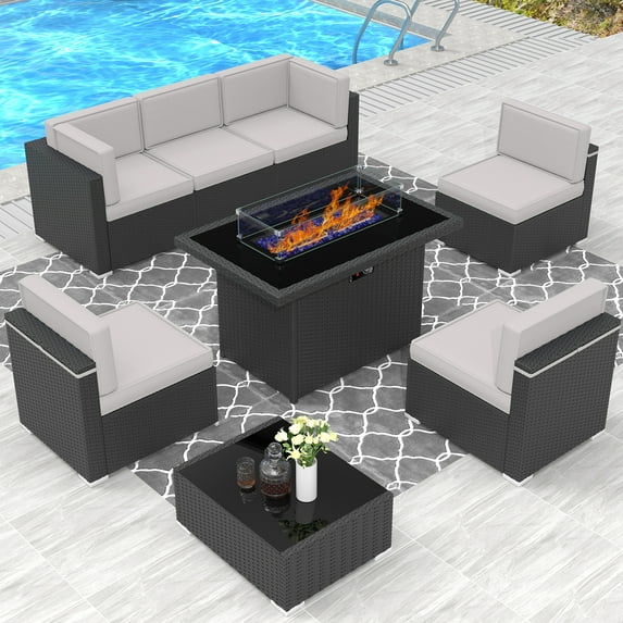 8 Piece Patio Furniture Set with 44" Propane Gas Fire Pit Table, Outdoor Sectional Conversation Set Wicker Rattan Sofa Set with Coffee Table