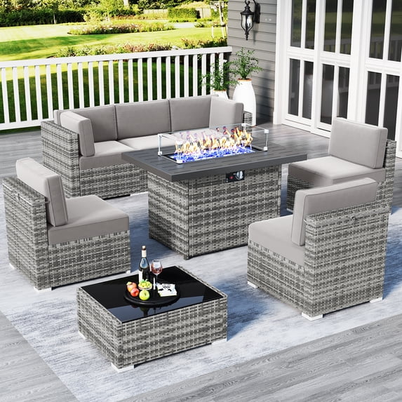 8 Piece Patio Furniture Set with 44" Propane Gas Fire Pit Table, Outdoor Sectional Conversation Set Wicker Rattan Sofa Set with Coffee Table