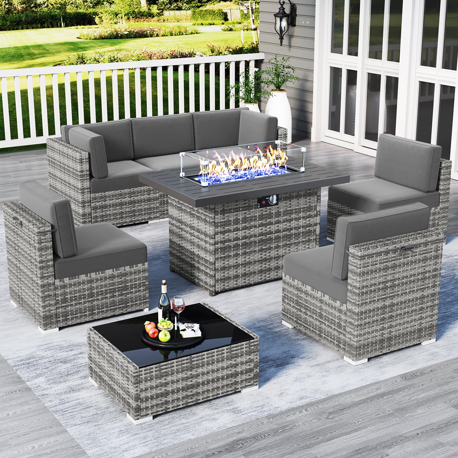 8 Piece Patio Furniture Set with 44 Propane Gas Fire Pit Table Outdoor Sectional Conversation Set Wicker Rattan Sofa Set with Coffee Table
