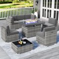 thumbnail image 1 of 8 Piece Patio Furniture Set with 44" Propane Gas Fire Pit Table, Outdoor Sectional Conversation Set Wicker Rattan Sofa Set with Coffee Table, 1 of 6