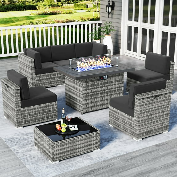 8 Piece Patio Furniture Set with 44" Propane Gas Fire Pit Table, Outdoor Sectional Conversation Set Wicker Rattan Sofa Set with Coffee Table