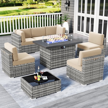 Sunny Hill Modern 8-Piece Steel Lightweight Outdoor Conversation Sets with Coffee Table, Beige