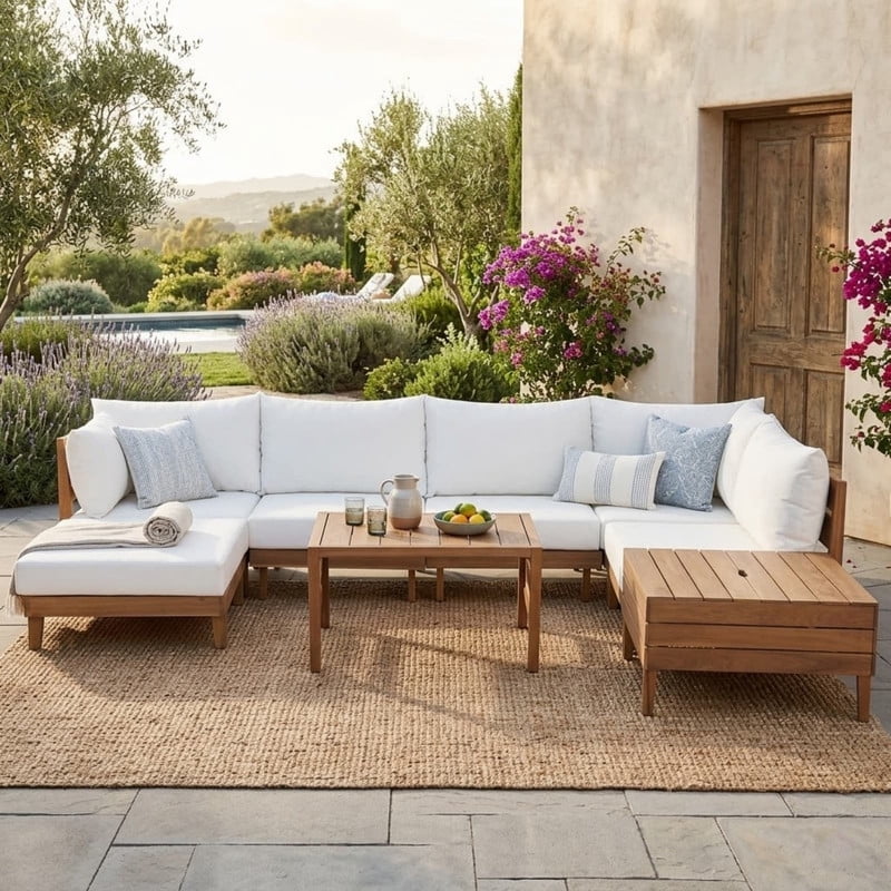 8-Piece Patio Furniture Set with Coffee Table, Outdoor U-Shaped Sectional Sofa Set with Storage Tea Table, Acacia Wood Conversation Set with Ottoman