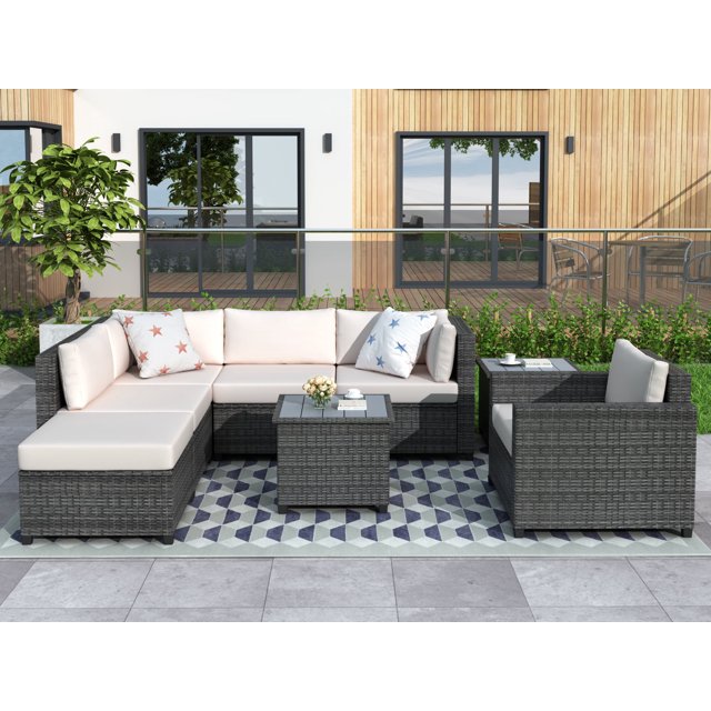 8Piece Patio Furniture Sets Wicker Sectional Sofa, Outdoor All Weather Wicker Rattan Patio