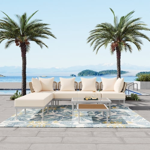 Beige Cushioned 6-Person Outdoor Sectional Sofa Set with White Iron Frame