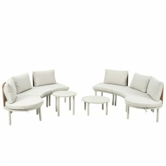 8-Piece Patio Sofa Furniture Set, Half Moon Outdoor Sectional Sofa with 2 High-Low Coffee Tables, PE Wicker Rattan, Tempered Glass, 6 Pillows & Cushions, for Backyard, Poolside (Beige)