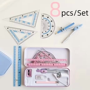 8-Piece Pink Geometry Drawing Set with Protractors Rulers Compass for School Math