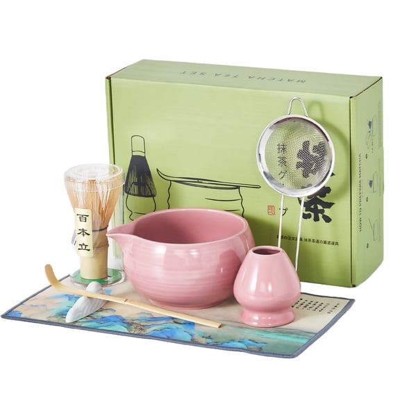 8 Piece Pink Matcha Set, Ceramic Matcha Set, Matcha Bowl, Matcha Tea Kit Ceramic Bowl, Bamboo Whisk & Scoop, Stainless Steel Sifter, Chasen Holder, Tea Cloth & Spoon, Complete Matcha Starter Kit