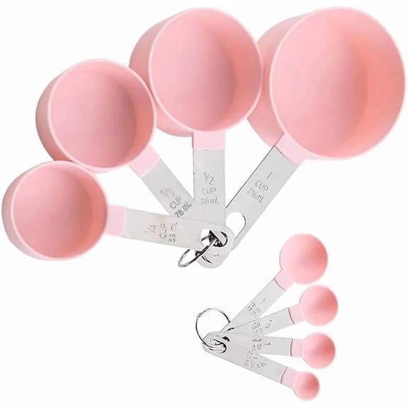 8-Piece Pink Measuring Cups and Spoons Set, Plastic Measuring Tools with Stainless Steel Handles, Kitchen Measuring Kit for Baking, Cooking, Dry & Liquid Ingredients