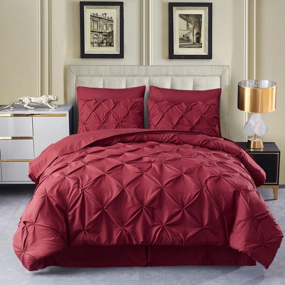 8 Piece Pintuck Comforter Set with Sheets Burgundy Queen 8 Piece