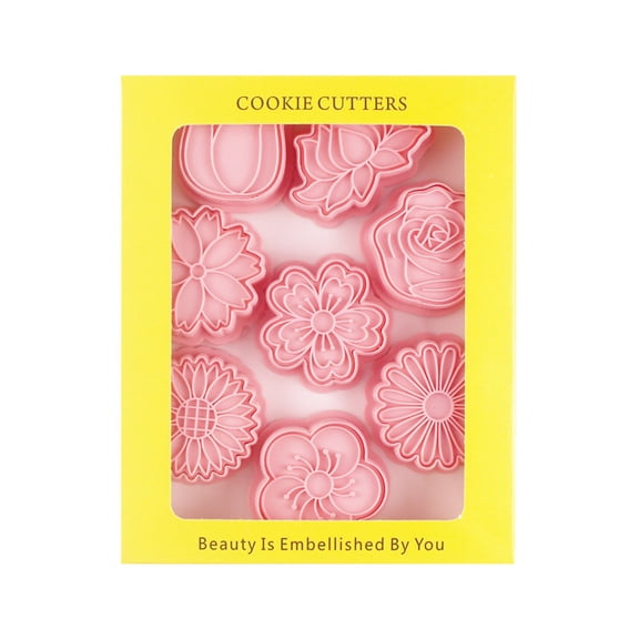 8-Piece Plastic Flower-Shaped Cookie Press Mould Set, 3D Stereoscopic Design for Frosting & Baking, Household Press Type (Pink, 1 set of 8)