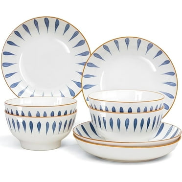 8-Piece Porcelain Dinnerware Set for 4, Premium White and Blue Plates & Bowls, Modern Elegant Design