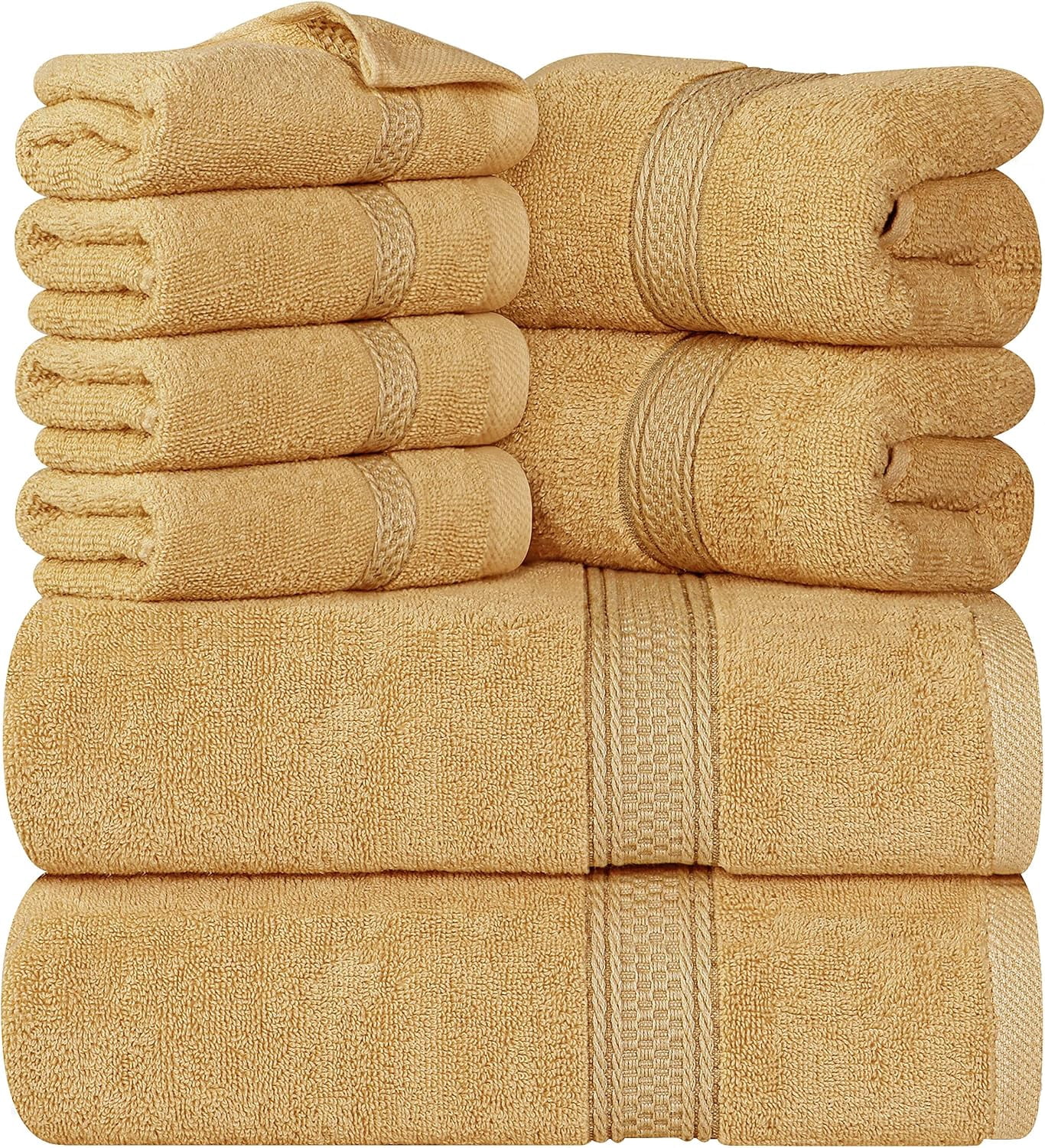 8-Piece Premium Towel Set, 2 Bath Towels, 2 Hand Towels, and 4 Wash Cloths, 600 GSM 100% Ring Spun Cotton Highly Absorbent Towels for Bathroom, Gym, Hotel, and Spa (Beige)