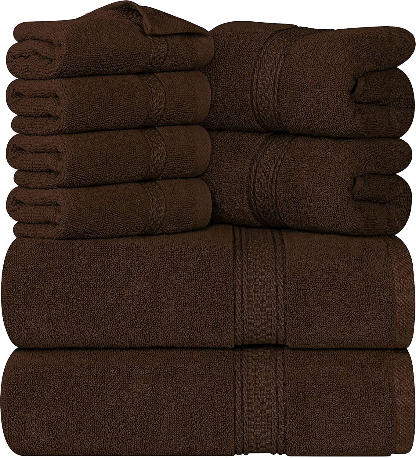 8-Piece Premium Towel Set, 2 Bath Towels, 2 Hand Towels, and 4 Wash Cloths, 600 GSM 100% Ring Spun Cotton Highly Absorbent Towels for Bathroom, Gym, Hotel, and Spa (Brown)