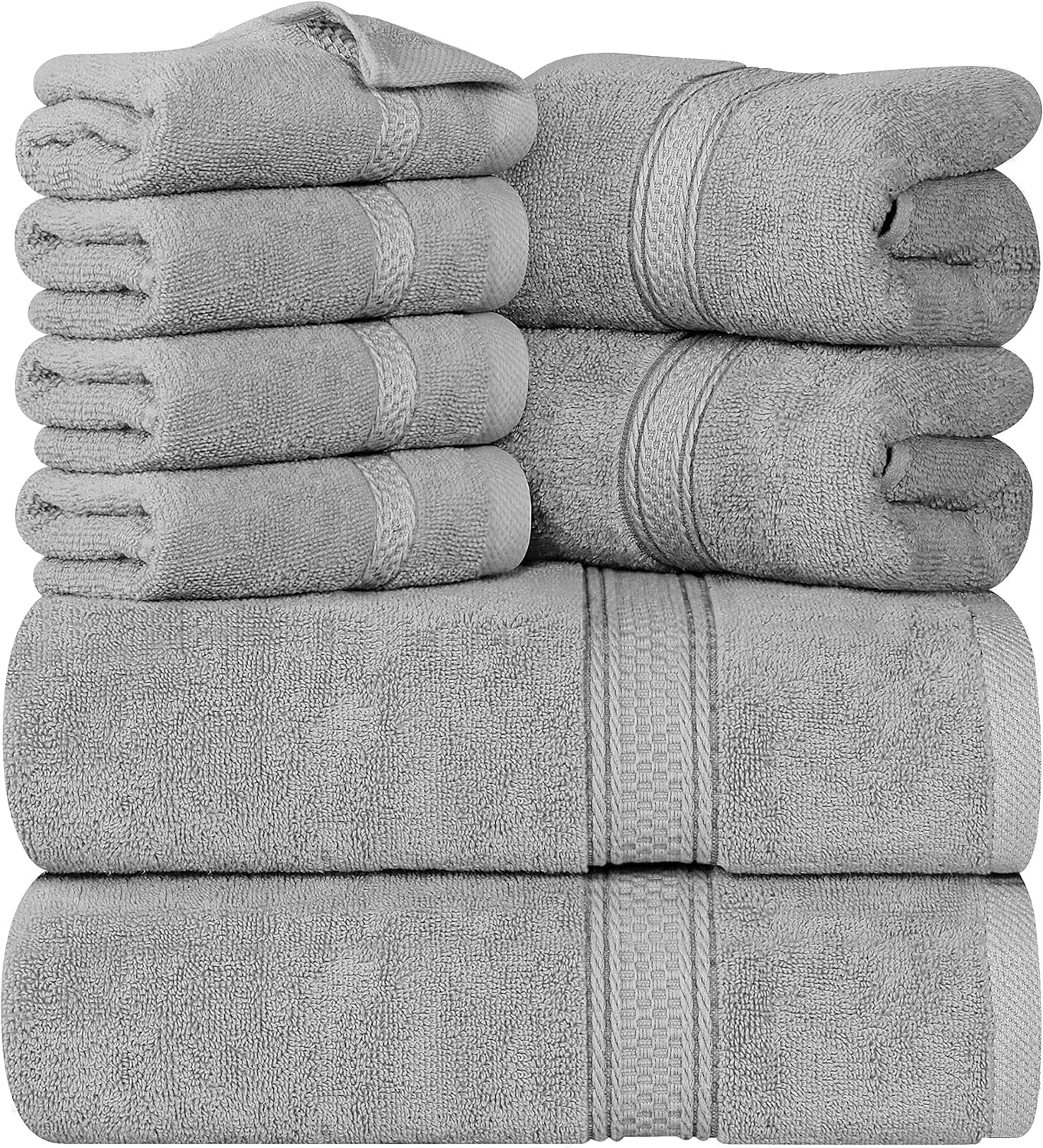 8-Piece Premium Towel Set, 2 Bath Towels, 2 Hand Towels, and 4 Wash Cloths, 600 GSM 100% Ring Spun Cotton Highly Absorbent Towels for Bathroom, Gym, Hotel, and Spa (Cool Grey)