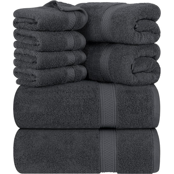 8-Piece Premium Towel Set, 2 Bath Towels, 2 Hand Towels, and 4 Wash Cloths, 600 GSM 100% Ring Spun Cotton Highly Absorbent Towels for Bathroom, Gym, Hotel, and Spa (Grey)