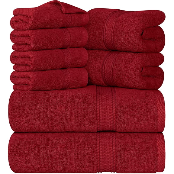 8-Piece Premium Towel Set, 2 Bath Towels, 2 Hand Towels, and 4 Wash Cloths, 600 GSM 100% Ring Spun Cotton Highly Absorbent Towels for Bathroom, Gym, Hotel, and Spa (Red)