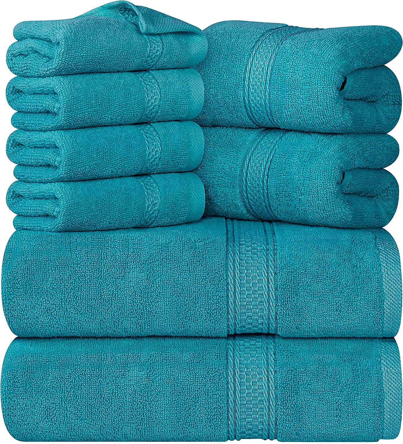 8-Piece Premium Towel Set, 2 Bath Towels, 2 Hand Towels, and 4 Wash Cloths, 600 GSM 100% Ring Spun Cotton Highly Absorbent Towels for Bathroom, Gym, Hotel, and Spa (Teal)