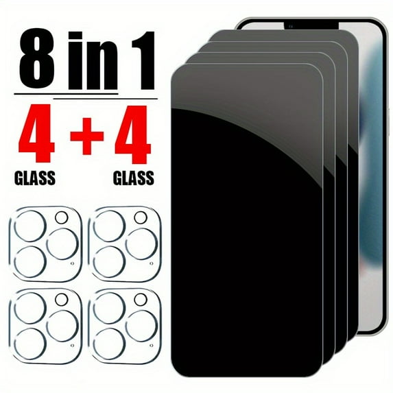 8-Piece Privacy Screen Protector Set, 4 Camera Lenses, 4 iPhone 16 Pro Max 15/14/13/12/11 Protective Cases, Full Coverage 9H Tempered Glass for iPhone Screen - Ultimate Privacy and Protection.