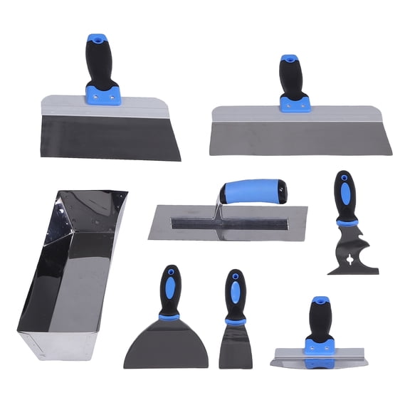 8 Piece Professional Drywall Tool Set, Stainless Steel Mud Pan 14 inches / 35.5 cm, Wall Scrapers 8 and 12 inches, Arc Trowel, Putty Spatulas Kit for Wall Repair and Finishing Projects