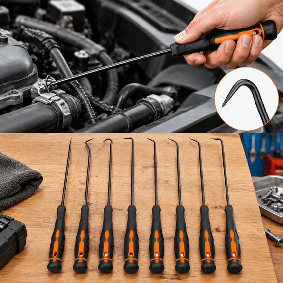 8-Piece Professional Hook and Pick Set for Automotive Precision Work, Oil Seal Puller, O-Ring & Gasket Removal Tools with Ergonomic Handles for Mechanics, DIY Car Repair