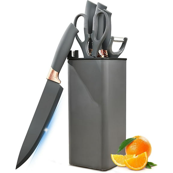 8-Piece Professional Kitchen Knife Set with Block Stainless Steel Cooking Knives with Built-in Sharpener, Non-Stick Coating, Anti-Rust & Ergonomic Handle Ideal Gift for Chefs (Grey)