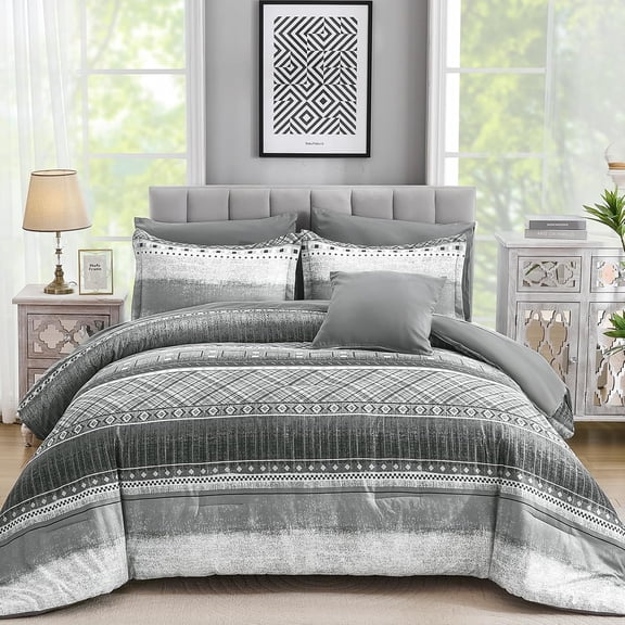 8 Piece Queen Size Comforter Set, Texture Striped Bed in a Bag Grey Comforter and Sheet Set, Boho Lightweight Microfiber Bedding Set for All Season (90"90")