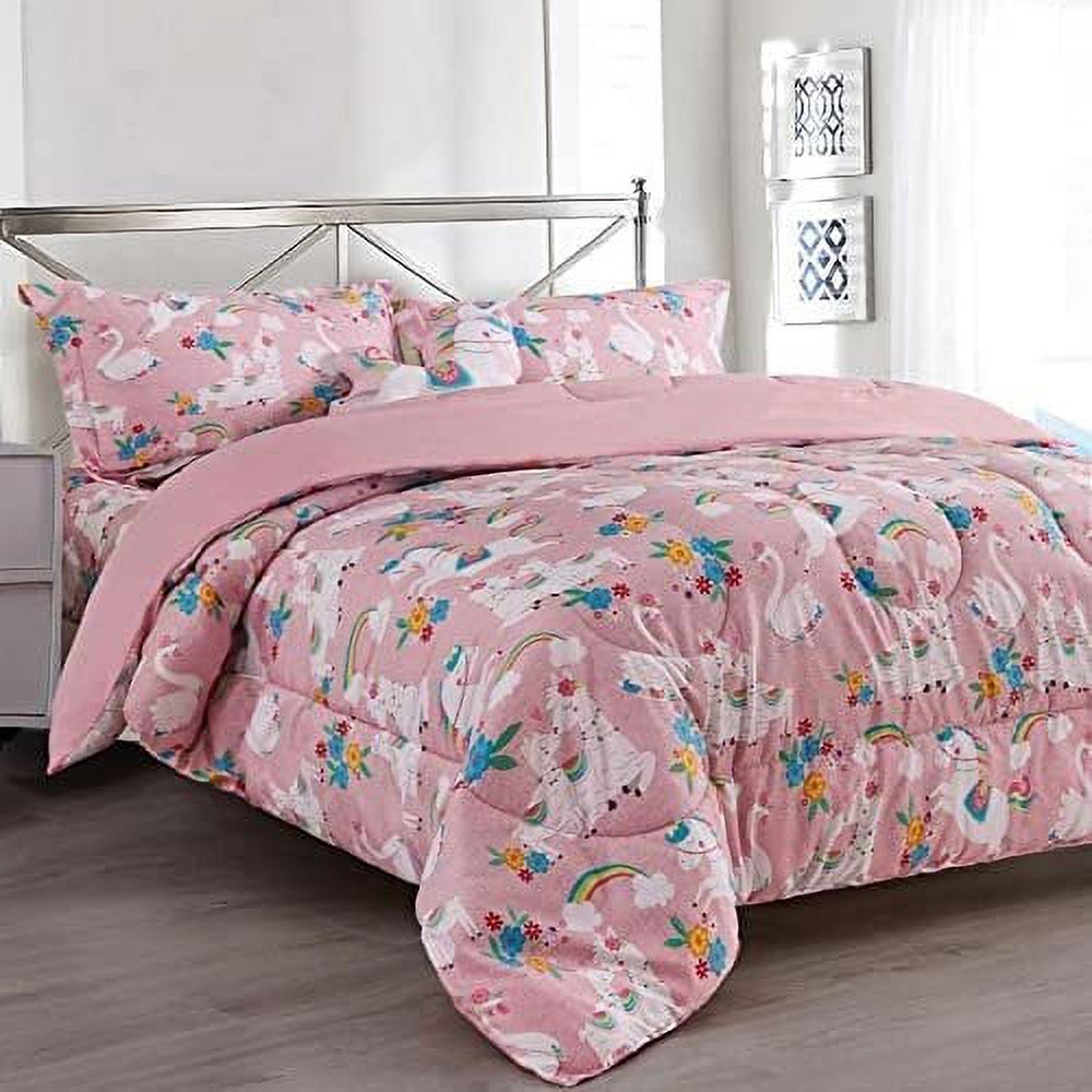 8 Piece Queen Size Kids Girls Teens Comforter Set Bed in Bag with Shams,  Sheet set and Decorative Toy Pillow, Unicorn Llama Rainbows Pink Girls