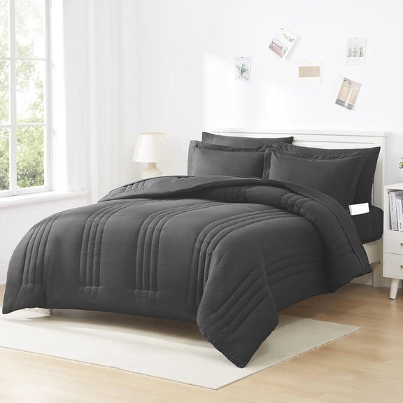8 Piece Quilted Solid Stripe Comforter, Sheet Set and Mattress Protector Bedding Bundle- Black