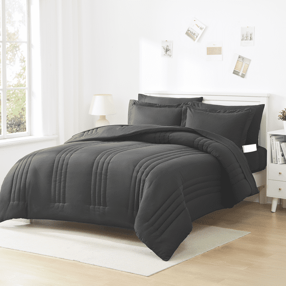 8 Piece Quilted Solid Stripe Comforter, Sheet Set and Mattress Protector Bedding Bundle- Charcoal