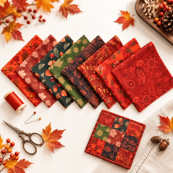 8 Piece Red Maple Leaf Print Fabric Squares, 9.84 x 9.84 Inch Pre-Cut Autumn Fabric for DIY Sewing Quilting Patchwork Crafts