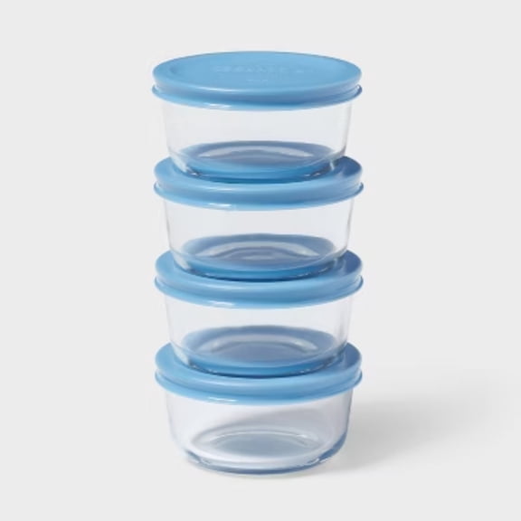 8-Piece Round Glass Food Storage Container Set - 4 Pack with 1-Compartment Design, Blue Lids