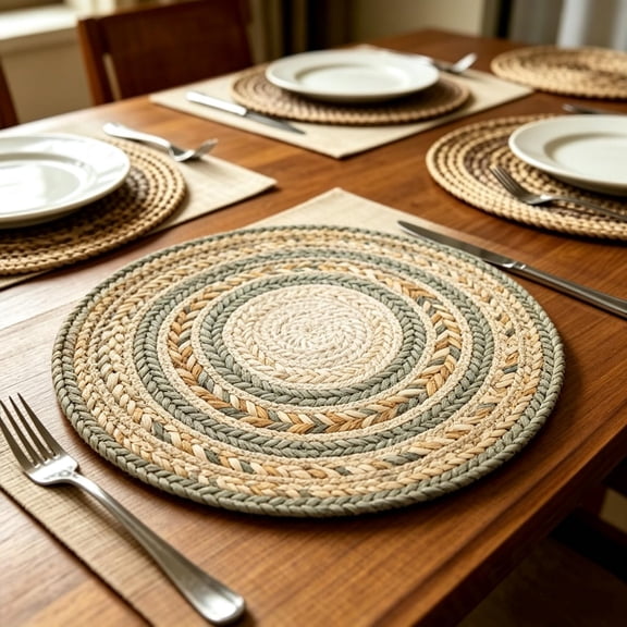 8-Piece Round Woven Placemats, Dining Table Heat Mats, Polyester, eight-piece braided set with mixed gradient look, for kitchen and dining table