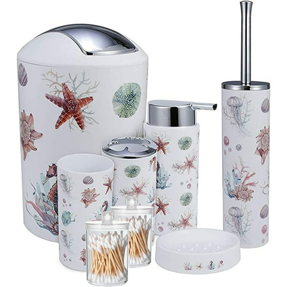 8-Piece Sea Elements Printed Bathroom Accessories Set - With Trash Can, Toilet Brush, Toothbrush Holder, Lotion Soap Dispenser, Soap Dish, Toothbrush Cup, Cotton Swab Holder