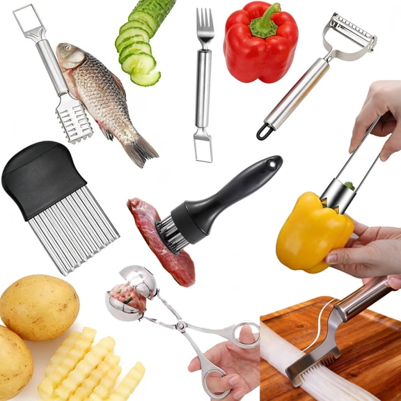 8-Piece Set Of Kitchen Multifunctional Utensils, Including Peeler, Meat Slicer, Pellet Maker, Corer, Fruit Fork, Onion Slicer, Wave Cutter, Fish Scale Remover, Kitchen Slicing Utensils (Silver)
