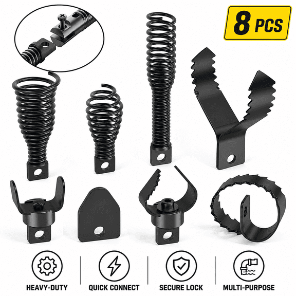 8-Piece Sewer Drain Cleaner Cutter Head Set with Quick-Connect Key, Interchangeable Auger Heads for Drain Pipe Unclogging Machines