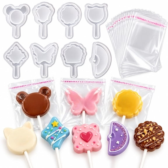 Silicone Candy Mold Kit, 8-Piece Chocolate Lollipop Molds with 100 Clear Self Seal Bags, Food Grade Baking Supplies for Candy Making and Party Treats
