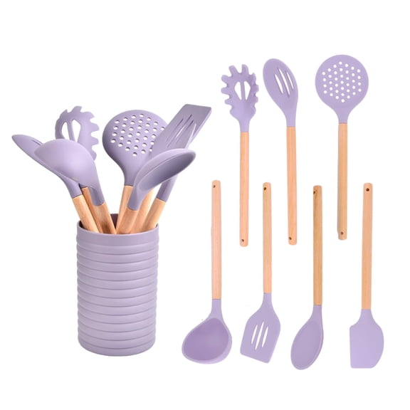 8-Piece Silicone Kitchen Utensil Set with Wooden Handles, Non-Stick Heat-Resistant Cooking Tools with Holder (Purple)