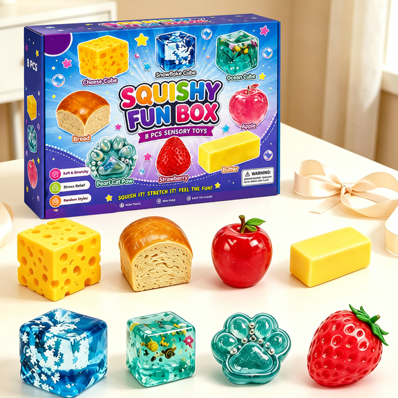 8-Piece Slow Rising Squishy Mystery Box, Soft Squeeze Fidget Toys for Stress Relief, Creative Desk Accessories Gifts for Adults